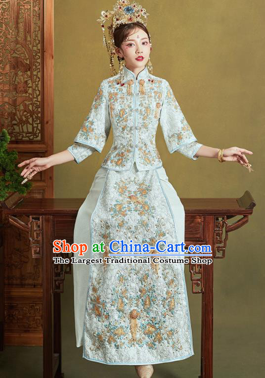Chinese Traditional Wedding Xiu He Suit Embroidered Light Blue Jacket and Dress Ancient Bride Costumes for Women