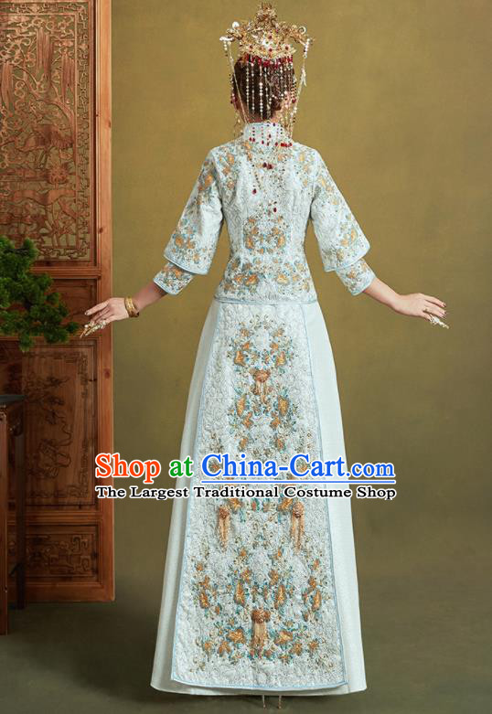 Chinese Traditional Wedding Xiu He Suit Embroidered Light Blue Jacket and Dress Ancient Bride Costumes for Women