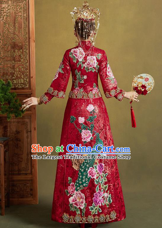 Chinese Traditional Wedding Xiu He Suit Embroidered Peacock Peony Red Blouse and Dress Ancient Bride Costumes for Women