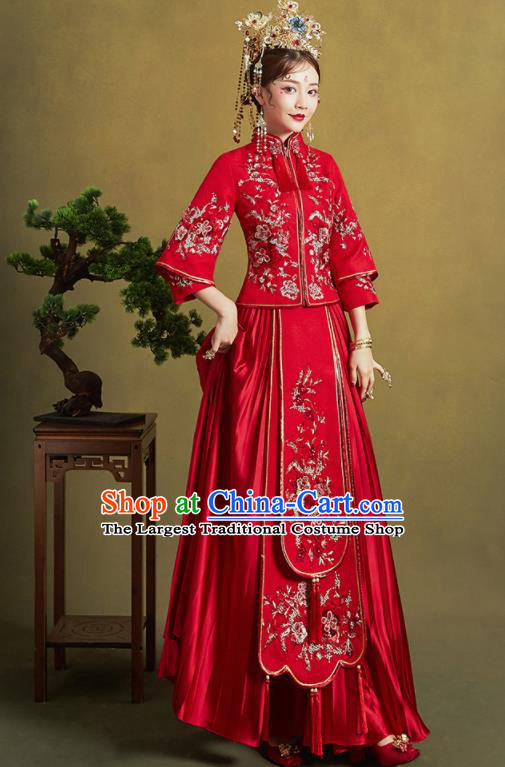 Chinese Traditional Wedding Xiu He Suit Embroidered Peony Red Blouse and Dress Ancient Bride Costumes for Women