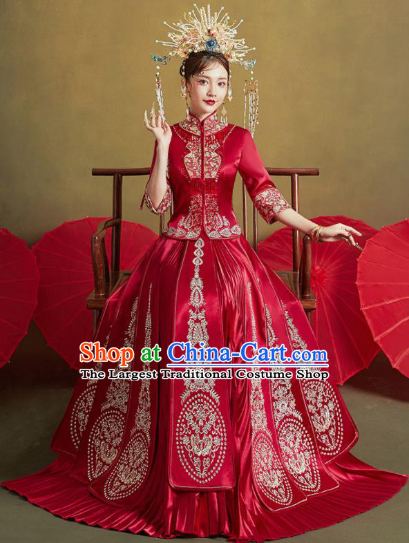 Chinese Traditional Wedding Embroidered Butterfly Drilling Xiu He Suit Red Blouse and Dress Ancient Bride Costumes for Women
