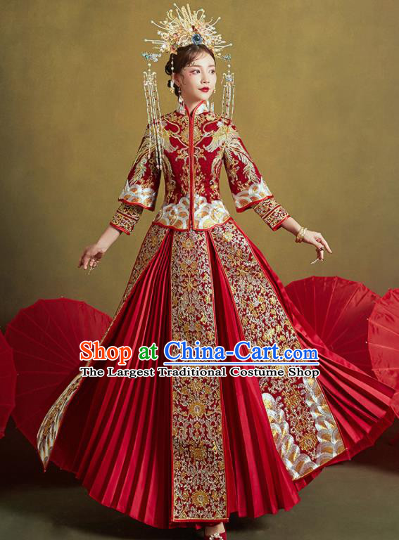 Chinese Traditional Wedding Embroidered Phoenix Lotus Xiu He Suit Red Blouse and Dress Ancient Bride Costumes for Women