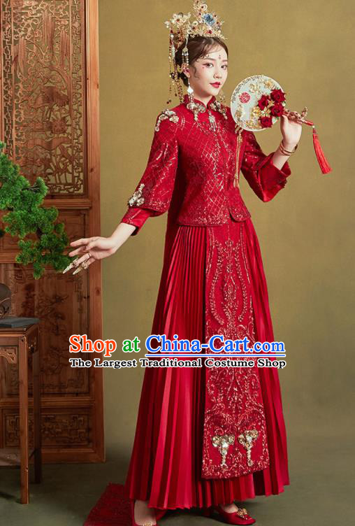 Chinese Traditional Embroidered Wedding Trailing Xiu He Suit Red Blouse and Dress Ancient Bride Costumes for Women