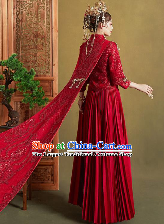 Chinese Traditional Embroidered Wedding Trailing Xiu He Suit Red Blouse and Dress Ancient Bride Costumes for Women