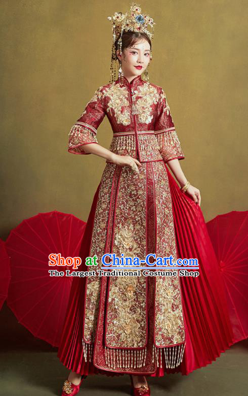 Chinese Traditional Wedding Drilling Xiu He Suit Embroidered Flowers Wine Red Blouse and Dress Ancient Bride Costumes for Women