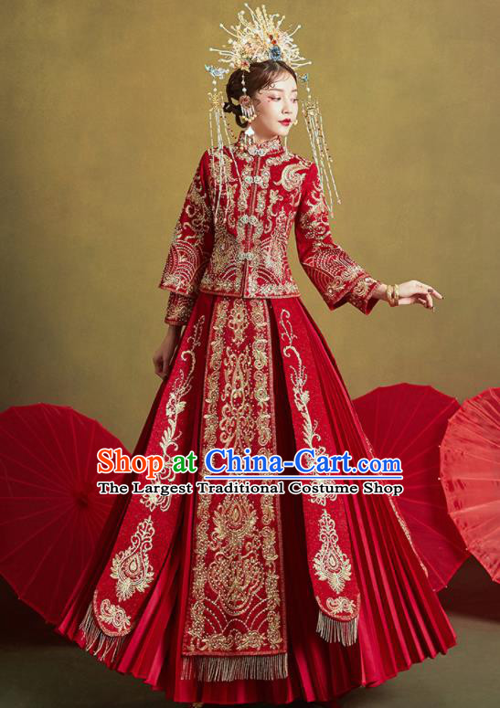 Chinese Traditional Embroidered Wedding Drilling Xiu He Suit Red Blouse and Dress Ancient Bride Costumes for Women