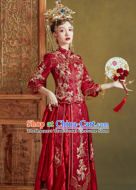 Chinese Traditional Embroidered Flowers Wedding Dark Red Xiu He Suit Blouse and Dress Ancient Bride Costumes for Women