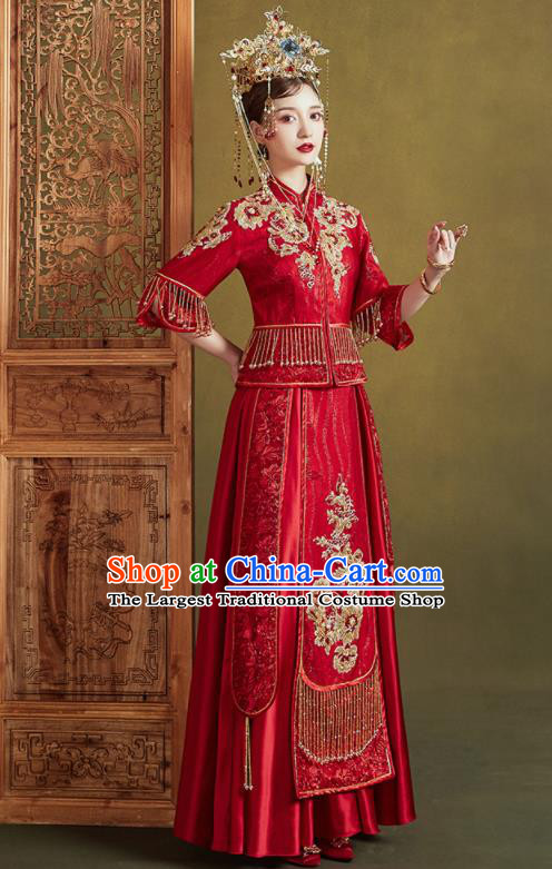 Chinese Traditional Embroidered Wedding Red Xiu He Suit Blouse and Tassel Dress Ancient Bride Costumes for Women
