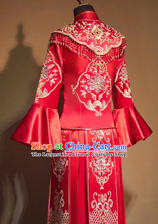 Chinese Traditional Embroidered Peony Wedding Xiu He Suit Red Blouse and Tassel Dress Ancient Bride Costumes for Women