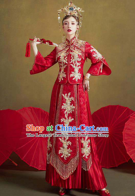 Chinese Traditional Embroidered Golden Flowers Wedding Xiu He Suit Blouse and Dress Ancient Bride Costumes for Women