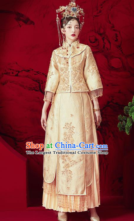 Chinese Traditional Embroidered Golden Wedding Xiu He Suit Blouse and Dress Ancient Bride Costumes for Women
