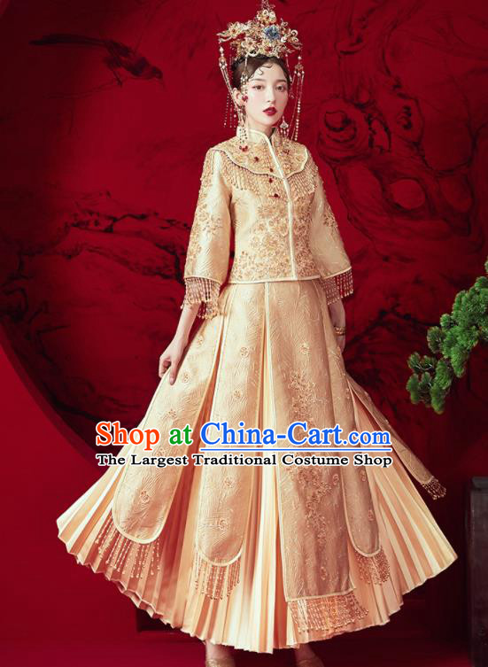 Chinese Traditional Embroidered Golden Wedding Xiu He Suit Blouse and Dress Ancient Bride Costumes for Women