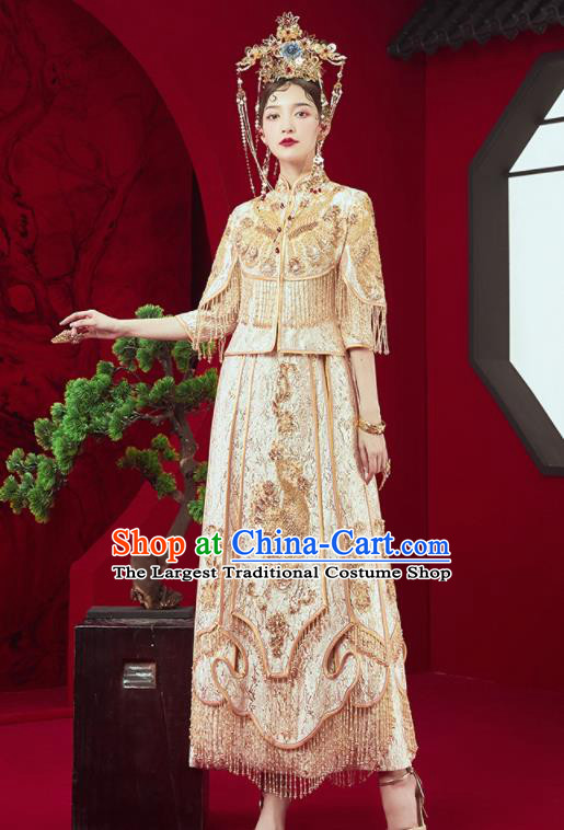 Chinese Traditional Embroidered Golden Tassel Wedding Xiu He Suit Blouse and Dress Ancient Bride Costumes for Women