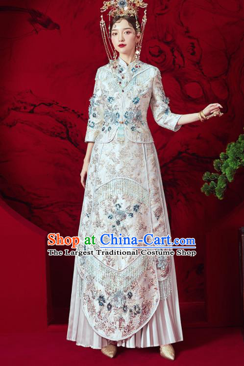 Chinese Traditional Embroidered Wedding Xiu He Suit White Blouse and Dress Ancient Bride Costumes for Women