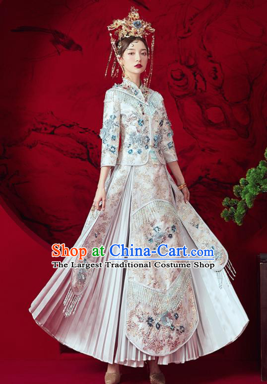 Chinese Traditional Embroidered Wedding Xiu He Suit White Blouse and Dress Ancient Bride Costumes for Women
