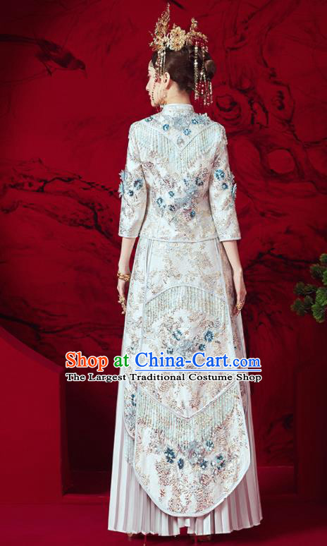 Chinese Traditional Embroidered Wedding Xiu He Suit White Blouse and Dress Ancient Bride Costumes for Women