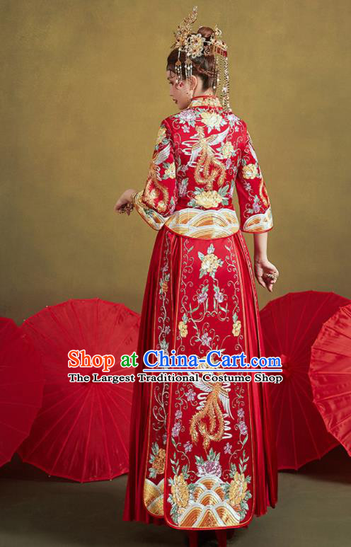 Chinese Traditional Wedding Embroidered Phoenix Peony Red Xiu He Suit Blouse and Dress Ancient Bride Costumes for Women
