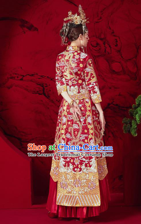 Chinese Traditional Wedding Embroidered Phoenix Plum Red Xiu He Suit Blouse and Dress Ancient Bride Costumes for Women
