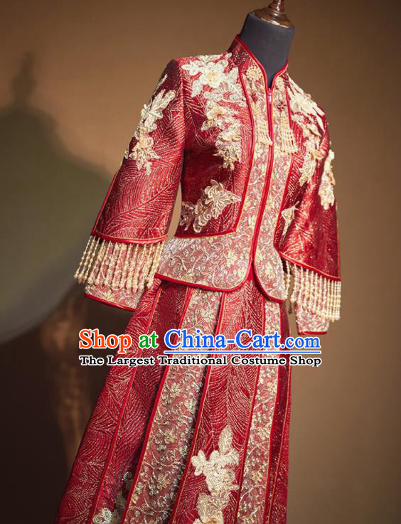 Chinese Traditional Embroidered Beads Wedding Xiu He Suit Red Blouse and Dress Ancient Bride Costumes for Women