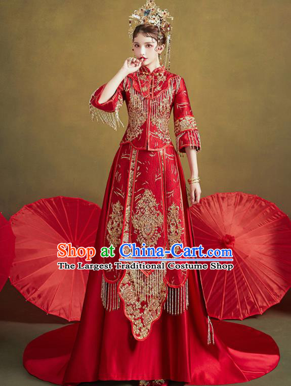 Chinese Traditional Wedding Embroidered Trailing Xiu He Suit Blouse and Dress Ancient Bride Costumes for Women