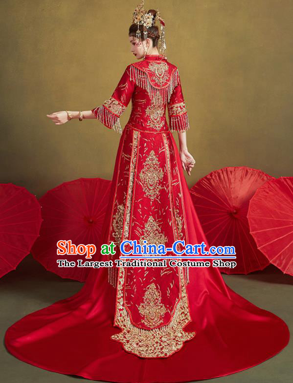 Chinese Traditional Wedding Embroidered Trailing Xiu He Suit Blouse and Dress Ancient Bride Costumes for Women