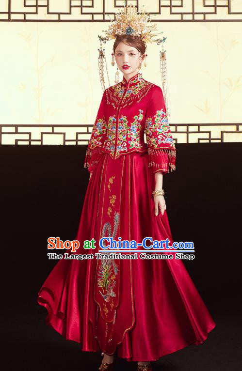 Chinese Traditional Wedding Embroidered Cloud Phoenix Red Xiu He Suit Blouse and Dress Ancient Bride Costumes for Women