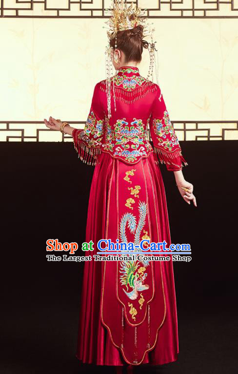 Chinese Traditional Wedding Embroidered Cloud Phoenix Red Xiu He Suit Blouse and Dress Ancient Bride Costumes for Women