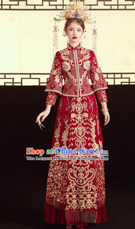 Chinese Traditional Wedding Drilling Bottom Drawer Xiu He Suit Embroidered Red Blouse and Dress Ancient Bride Costumes for Women