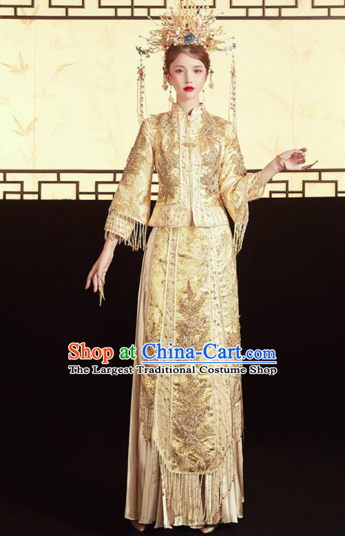 Chinese Traditional Wedding Bottom Drawer Golden Xiu He Suit Embroidered Red Blouse and Dress Ancient Bride Costumes for Women