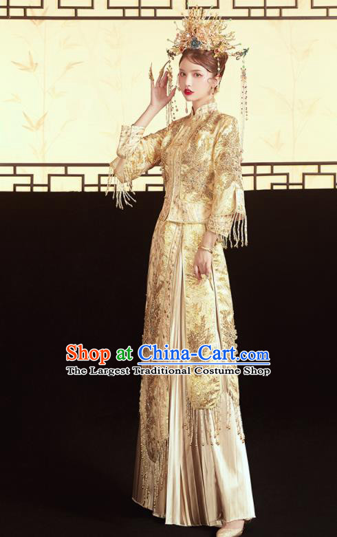 Chinese Traditional Wedding Bottom Drawer Golden Xiu He Suit Embroidered Red Blouse and Dress Ancient Bride Costumes for Women