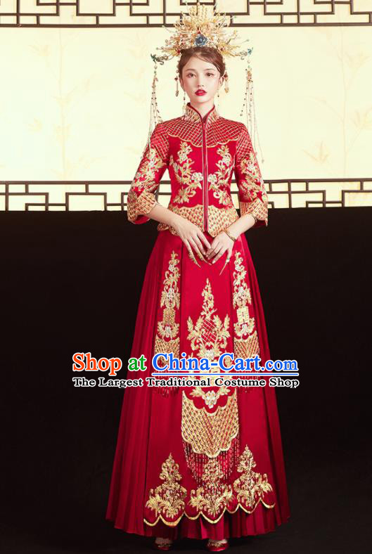 Chinese Traditional Wedding Red Bottom Drawer Xiu He Suit Embroidered Blouse and Dress Ancient Bride Costumes for Women
