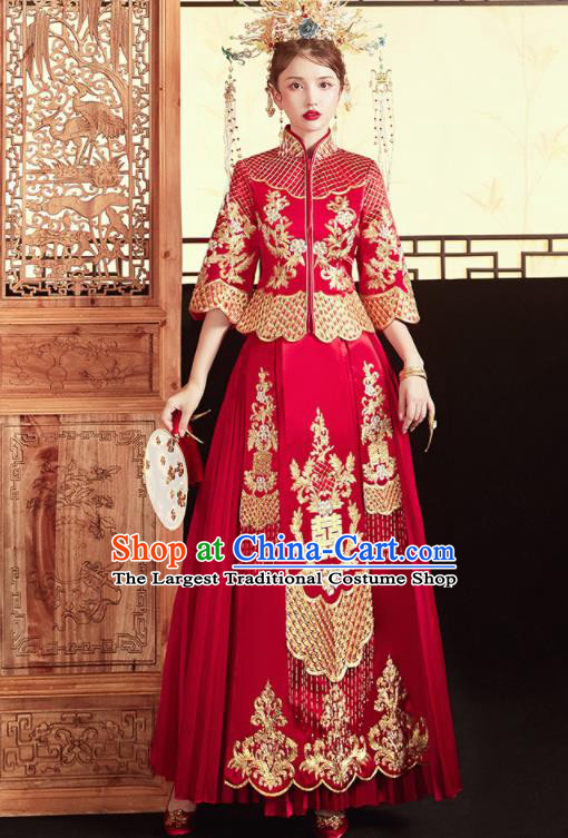 Chinese Traditional Wedding Red Bottom Drawer Xiu He Suit Embroidered Blouse and Dress Ancient Bride Costumes for Women