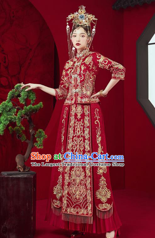 Chinese Traditional Embroidered Blouse and Dress Wedding Red Bottom Drawer Xiu He Suit Ancient Bride Costumes for Women