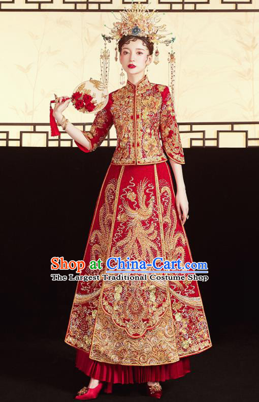 Chinese Traditional Embroidered Drilling Phoenix Blouse and Dress Wedding Bottom Drawer Xiu He Suit Ancient Bride Costumes for Women
