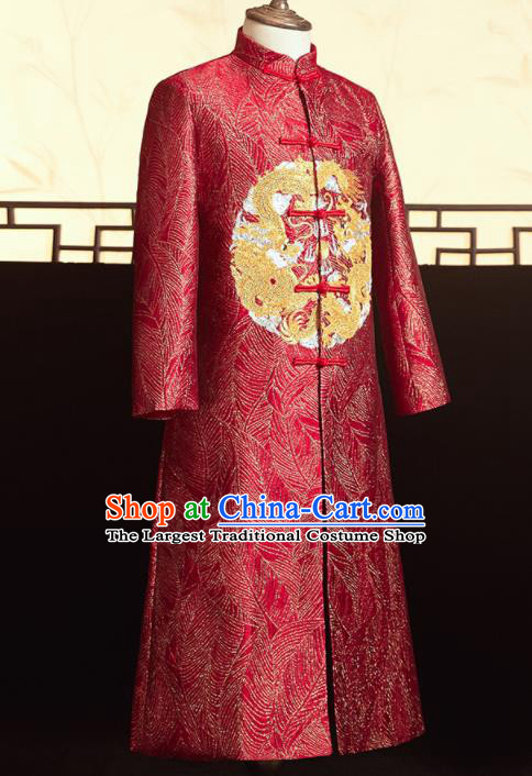 Chinese Ancient Bridegroom Embroidered Dragons Red Mandarin Jacket Traditional Wedding Tang Suit Costumes for Men