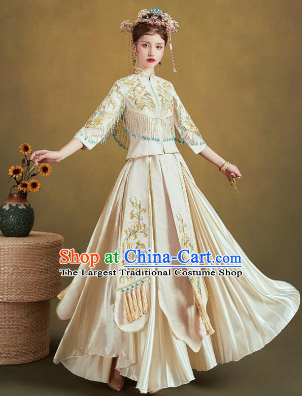 Chinese Traditional Embroidered Phoenix White Blouse and Dress Wedding Bottom Drawer Xiu He Suit Ancient Bride Costumes for Women