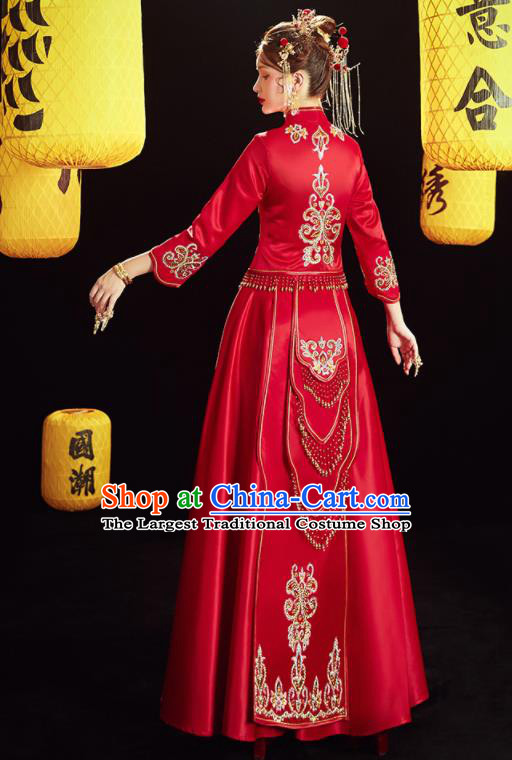 Chinese Traditional Wedding Embroidered Drilling Blouse and Dress Red Bottom Drawer Xiu He Suit Ancient Bride Costumes for Women