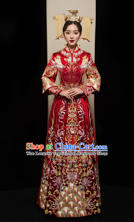 Chinese Traditional Wedding Embroidered Flowers Red Blouse and Dress Xiu He Suit Bottom Drawer Ancient Bride Costumes for Women
