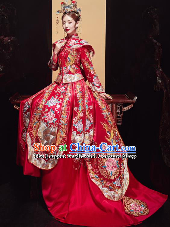 Chinese Traditional Wedding Embroidered Phoenix Peony Red Blouse and Dress Xiu He Suit Bottom Drawer Ancient Bride Costumes for Women