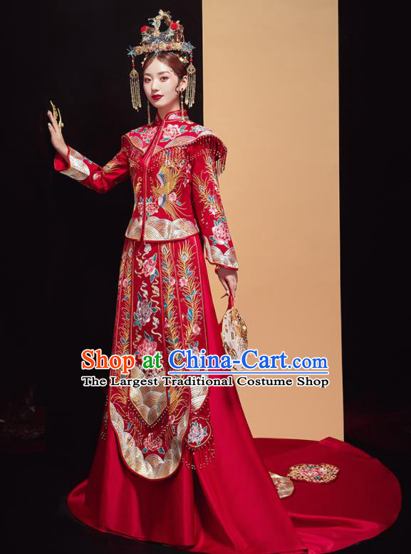 Chinese Traditional Wedding Embroidered Phoenix Peony Red Blouse and Dress Xiu He Suit Bottom Drawer Ancient Bride Costumes for Women