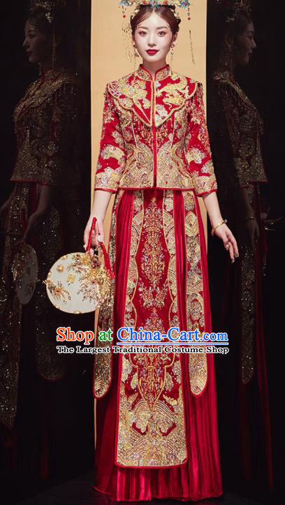 Chinese Traditional Wedding Embroidered Dragon Red Blouse and Dress Xiu He Suit Bottom Drawer Ancient Bride Costumes for Women