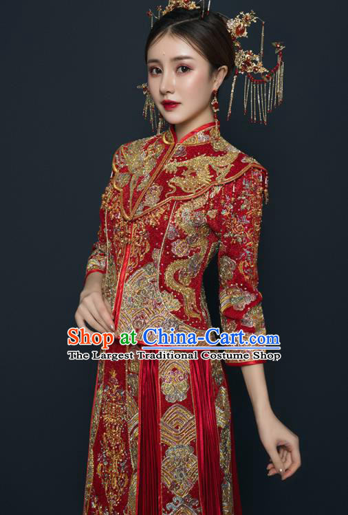 Chinese Traditional Wedding Embroidered Drilling Red Blouse and Dress Xiu He Suit Red Bottom Drawer Ancient Bride Costumes for Women