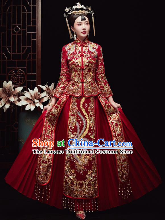 Chinese Traditional Wedding Embroidered Drilling Phoenix Red Blouse and Dress Xiu He Suit Red Bottom Drawer Ancient Bride Costumes for Women