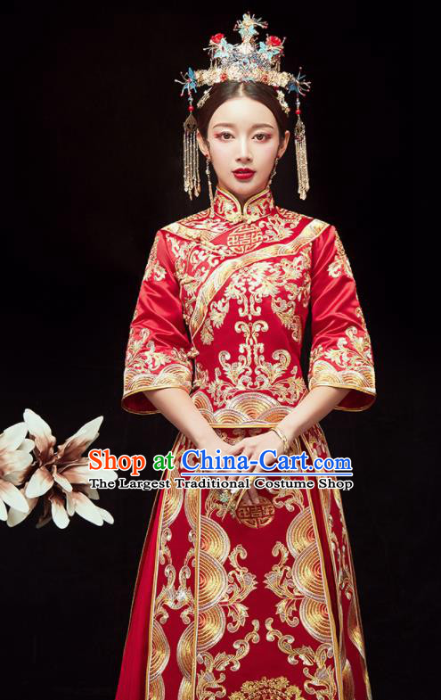 Chinese Traditional Wedding Embroidered Red Slim Blouse and Dress Xiu He Suit Red Bottom Drawer Ancient Bride Costumes for Women