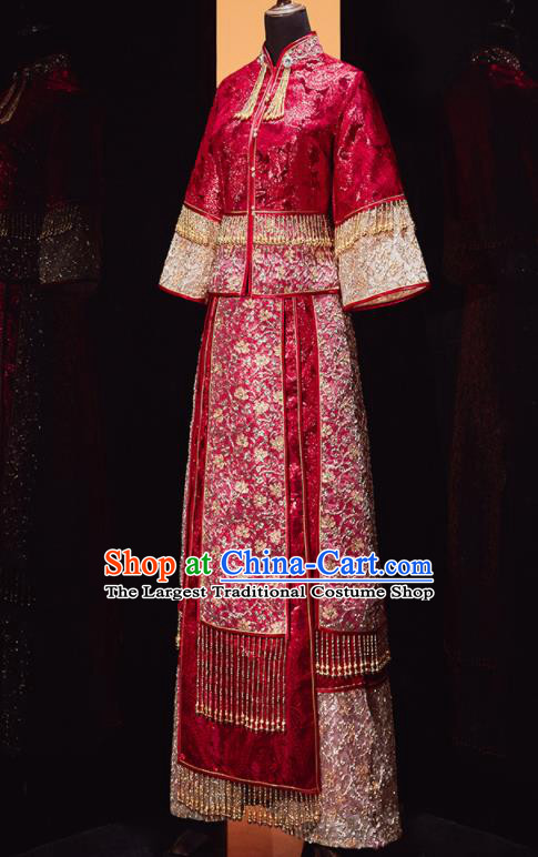 Chinese Traditional Wedding Red Blouse and Dress Xiu He Suit Bottom Drawer Ancient Bride Costumes for Women