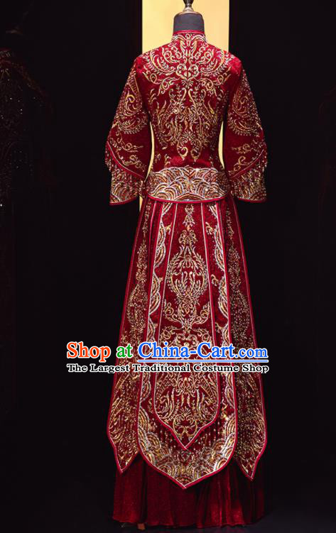 Chinese Traditional Xiu He Suit Wedding Embroidered Dark Red Blouse and Dress Bottom Drawer Ancient Bride Costumes for Women