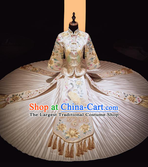 Chinese Traditional Xiu He Suit Wedding Embroidered Peacock White Blouse and Dress Bottom Drawer Ancient Bride Costumes for Women