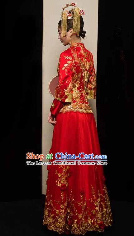 Chinese Traditional Xiu He Suit Wedding Embroidered Red Veil Blouse and Dress Bottom Drawer Ancient Bride Costumes for Women