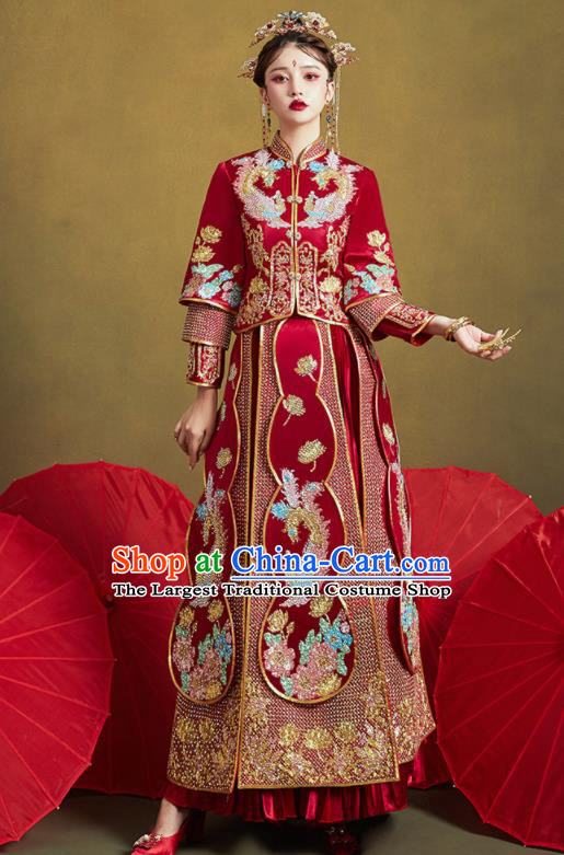 Chinese Traditional Wedding Drilling Bottom Drawer Embroidered Phoenix Peony Blouse and Dress Xiu He Suit Ancient Bride Costumes for Women