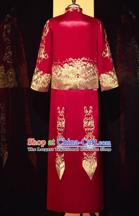 Chinese Ancient Bridegroom Embroidered Dragon Red Mandarin Jacket and Gown Traditional Wedding Tang Suit Costumes for Men
